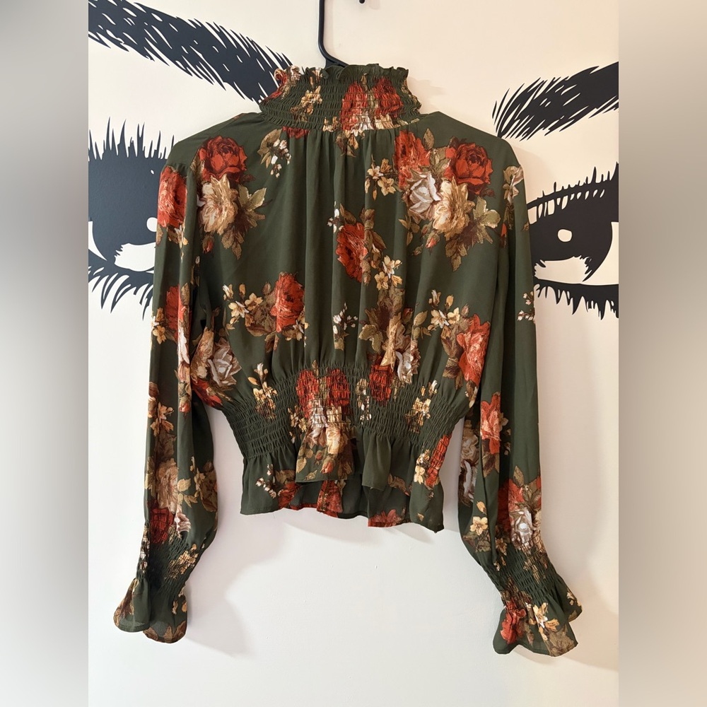 Women's Olive Green Floral Smocked Waist Blouse